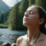 **A serene individual practicing deep breathing, connected to biofeedback sensors, with a calming nature scene in the background. Focus on conveying a sense of peace and control.**