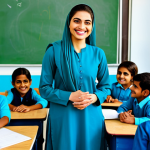 **

A professional Urdu-speaking teacher, fully clothed in a modest shalwar kameez, smiling warmly at a group of attentive students in a bright and cheerful classroom. The background includes colorful Urdu alphabet charts and children's artwork.  Safe for work, appropriate content, family-friendly, perfect anatomy, correct proportions, natural pose, well-formed hands, proper finger count, natural body proportions, professional, modest clothing, high quality, professional photography.

**