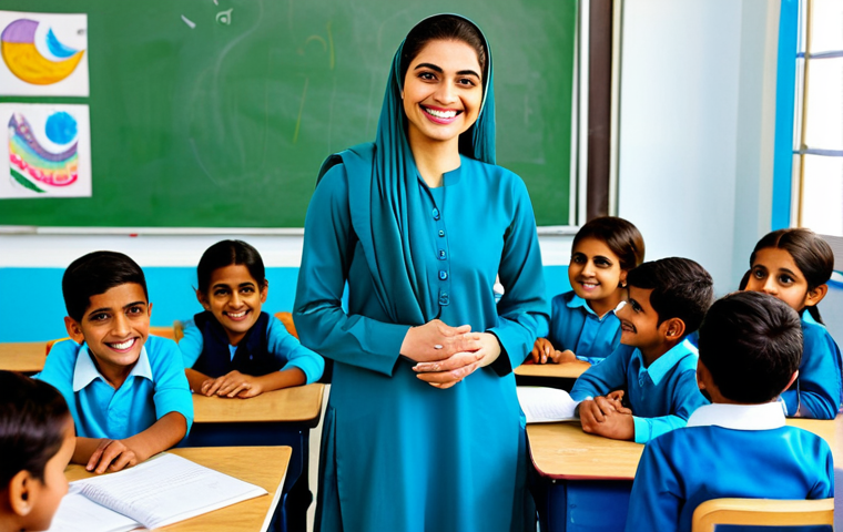 **
A professional Urdu-speaking teacher, fully clothed in a modest shalwar kameez, smiling warmly at a group of attentive students in a bright and cheerful classroom. The background includes colorful Urdu alphabet charts and children's artwork. Safe for work, appropriate content, family-friendly, perfect anatomy, correct proportions, natural pose, well-formed hands, proper finger count, natural body proportions, professional, modest clothing, high quality, professional photography.
**